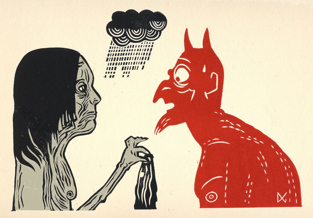 A linocut depicting the Devil staring at a wrinkly old person holding some cloth saying "I Thought I Was Being Visited By My Dead Aunty Doris, But It Was Just Iggy Pop Returning A Shirt I'd Lent Him."
