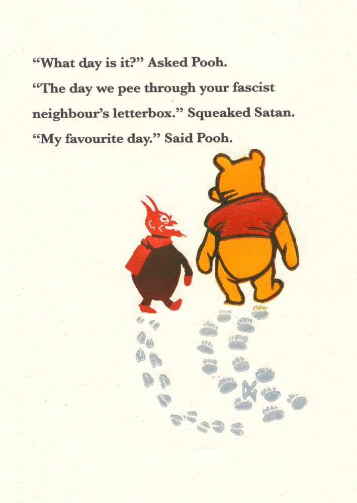 A linocut in several colours depicting WInnie The Pooh and Piglet walking along.