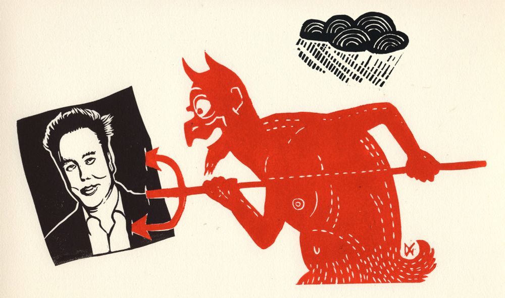 A linocut print depicting the Devil skewering a photo of Elon Musk with a pitchfork.