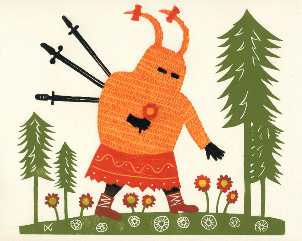 A linocut print of a Norse figure from folklore picking flowers with 3 swords sticking out of her back.