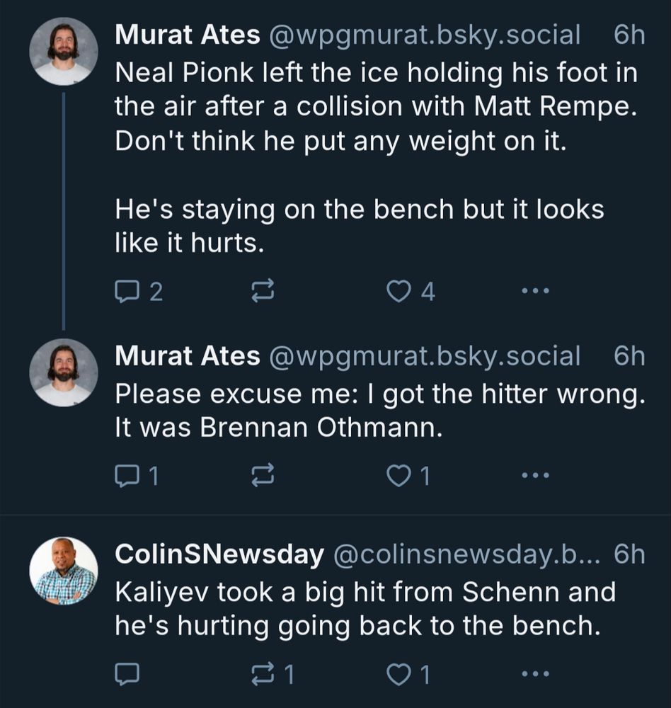 Two skeets from opposing team's beat reporters about a player getting hurt from a big hit on the ice of the NY Rangers @ Jets hockey game.