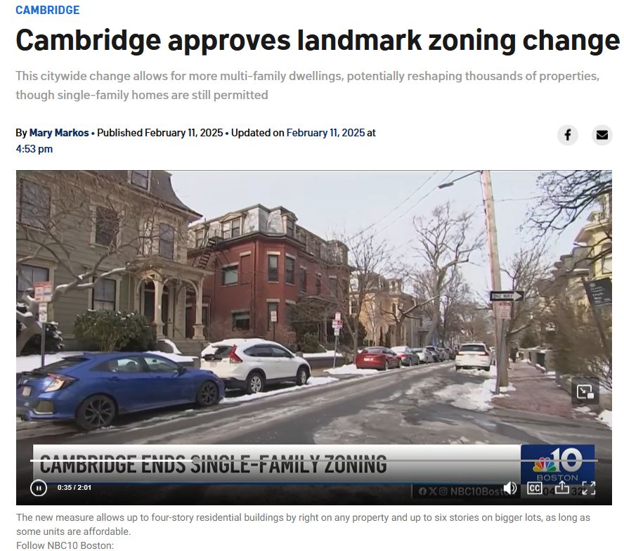 Headline "Cambridge approves landmark zoning change" in NBC Boston