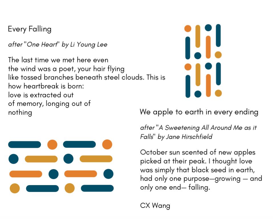 Every Falling
after "One Heart" by Li Young Lee

The last time we met here even
the wind was a poet, your hair flying
like tossed branches beneath steel clouds. This is
how heartbreak is born:
love is extracted out
of memory, longing out of
nothing


We apple to earth in every ending

after "A Sweetening All Around Me as it Falls" by Jane Hirschfield

October sun scented of new apples
picked at their peak. I thought love
was simply that black seed in earth,
had only one purpose—growing — and
only one end— falling.
