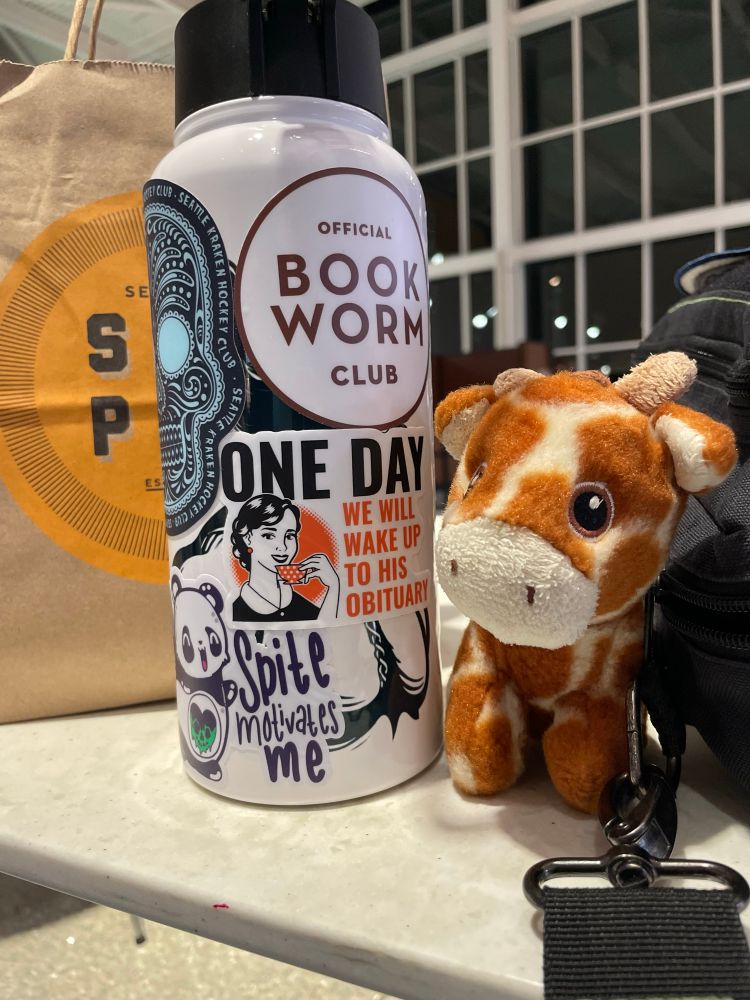 Giraffe stuffedy, water bottle, & sub pop shopping bag on airport table