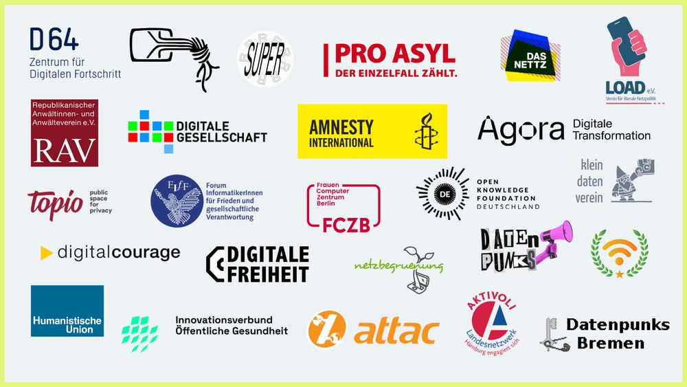 Sharepic mit hellgrünem Rahmen. Überschrift in schwarzer Schrift: 'Eine digitale Brandmauer errichten. 12 Forderungen von 20+ Organisationen'. Darunter und rechts davon ein Raster mit 22 Logos verschiedener zivilgesellschaftlicher Organisationen wie D64, CCC, Amnesty International und weitere.
