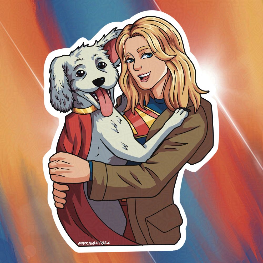 Sticker design of Supergirl holding Krypto the Super Dog