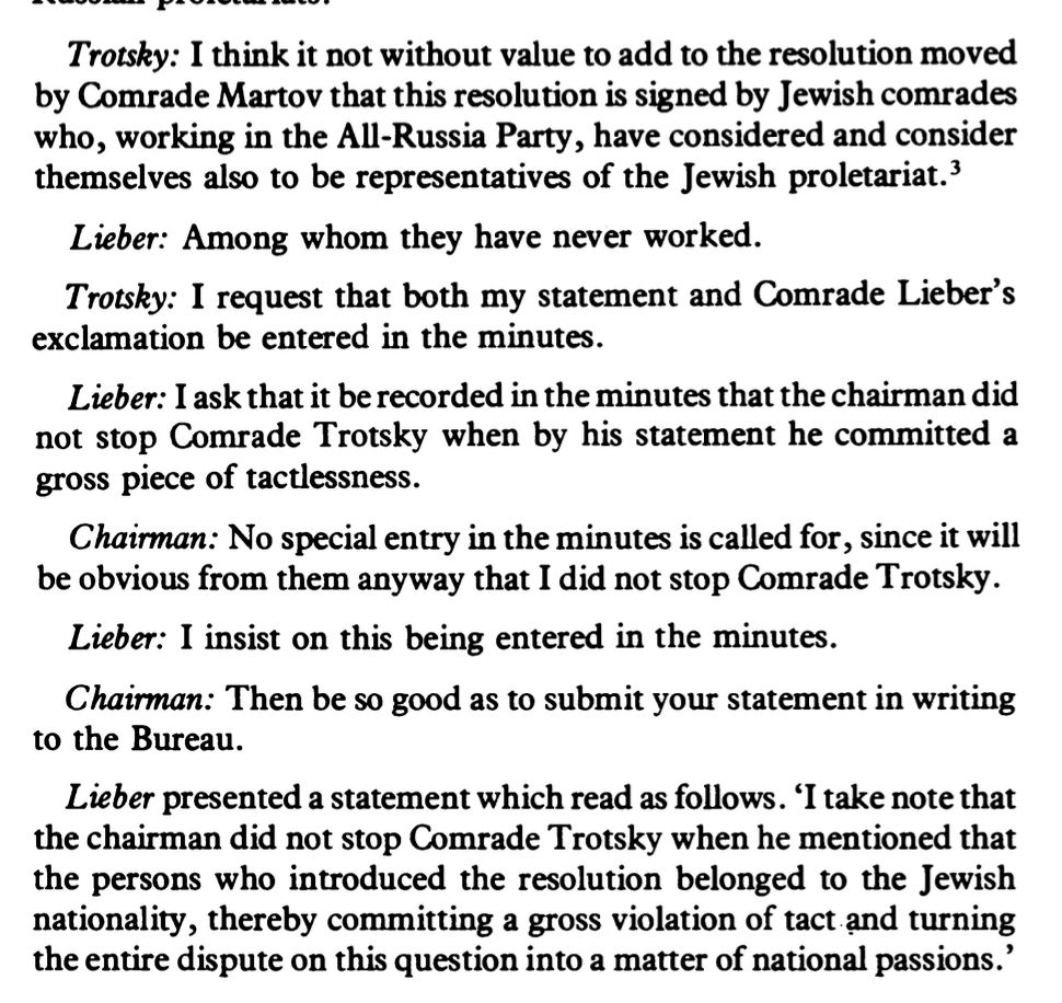 Screenshot of exchange between Trotsky and Lieber — Trotsky says he considers himself a member of the Jewish proletariat, and Lieber answers, 'Among whom they have never worked.' 
