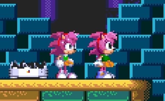Two different Amy Rose standing next to a broken Monitor and a ledge in Hydrocity Zone Act 1, Sonic 3 A.I.R.