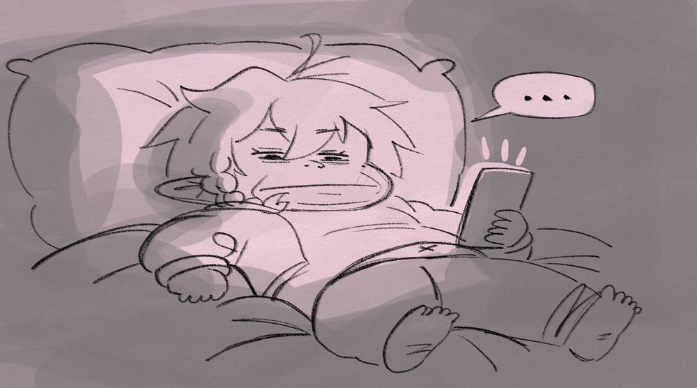 Lille, a lalafel, laying in bed looking down at their phone with half closed eyes, messy clothes, a triple chin and dishevelled hair, with a disgusted expression.
