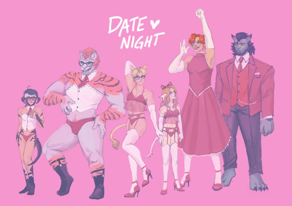 A group shot of René and my friends oc's, two aura girls, two male hrothgar, and a sezy cat boy, all in dresses, lingerie and sexy suits. By Jozy