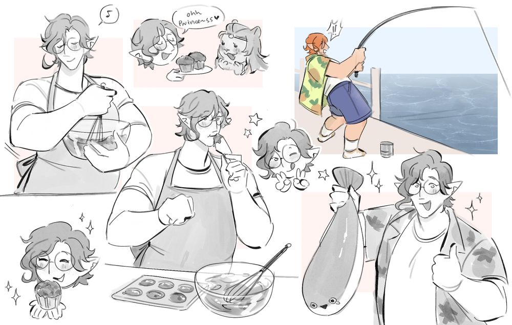 A sketch page By Elaris, showing René in an apron, whisking a bowl of batter, tasting it, showing off his cupcakes and giving lamaty'i a plate of them saying "Oohhh Princess!! <3"
A chibi version of him winks at you, holding his hands up in peace signs. And then on the right, in shorts and wearing a pineapple print Hawaiian shirt, he pulls on a fishing rod with a grin, and holds up a great big with with a silly face, René grins and gives a thumbs up as he holds it aloft.