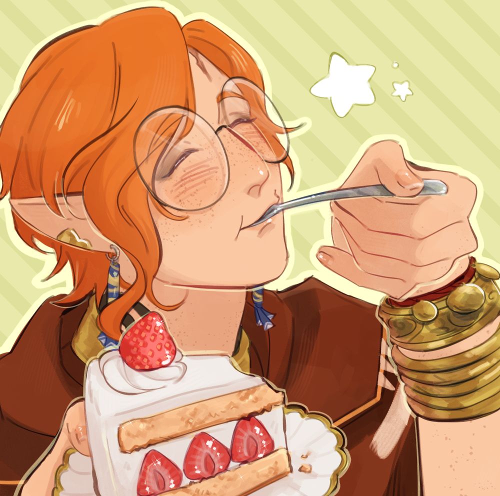 A red headed elf/elezen René is pictured happily eating a strawberry cake with levels of euphoria akin to Remmy in Ratatouille. He looks exceptionally cute and happy~
