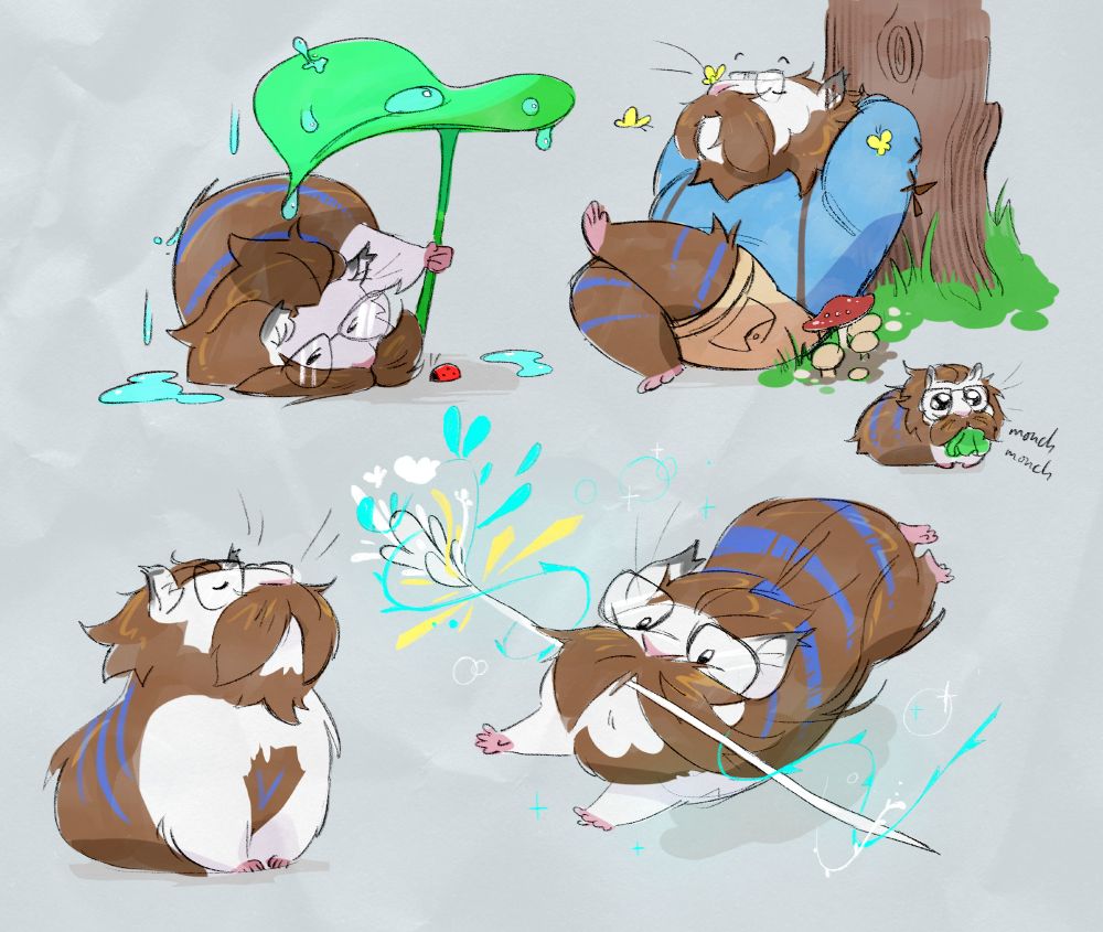 A group of sketches of a Hrithgar turned into a guinea pig, White and brown fur, biiiig moustache and long fur. He is holding a leaf over a ladybird, running and holding a white mage cane, sitting triumphantly, and sat under a tree with butterflies about him.