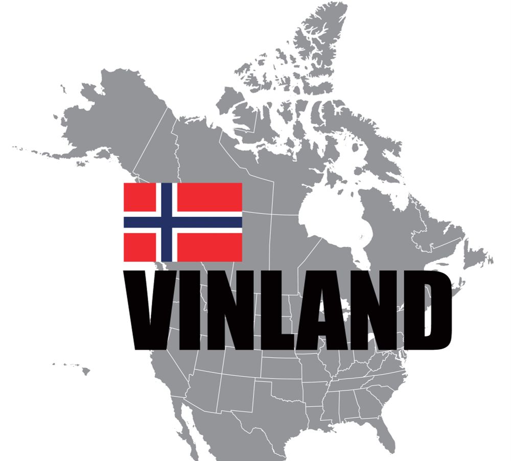 Map of North America with a Norwegian flag and the word VINLAND on top.