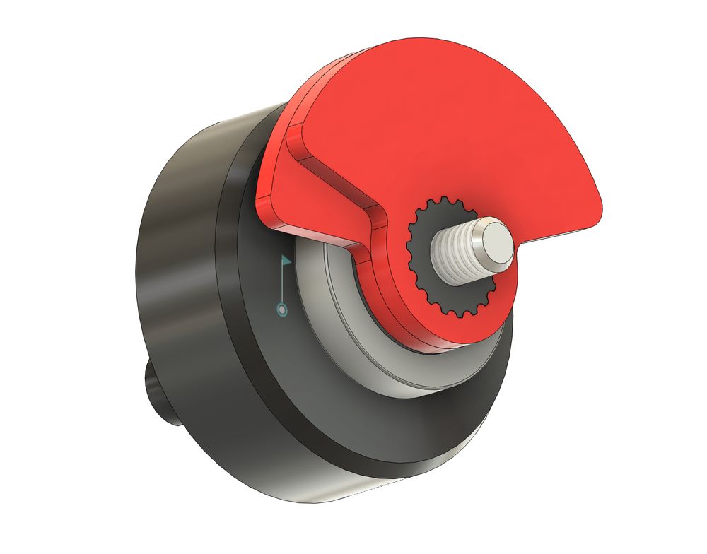 a CAD model of a drone brushless motor with two red eccentric weights mounted on the front on a spline, they can be offset from one-another on the spline. 
