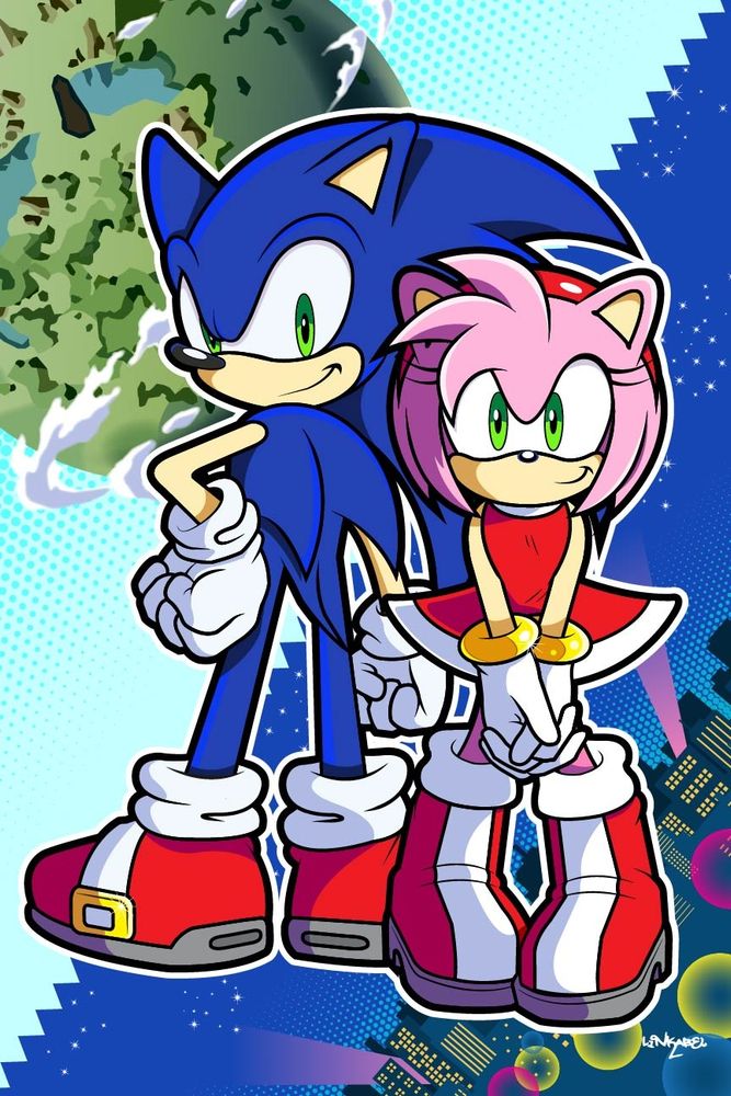 This illustration features Sonic The Fighters and Amy Rose with Little Planet and Station Square in the background. 