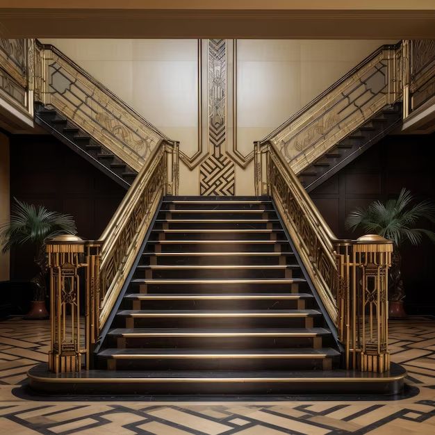 Art Deco staircase. An angular, grand design in dark colors.