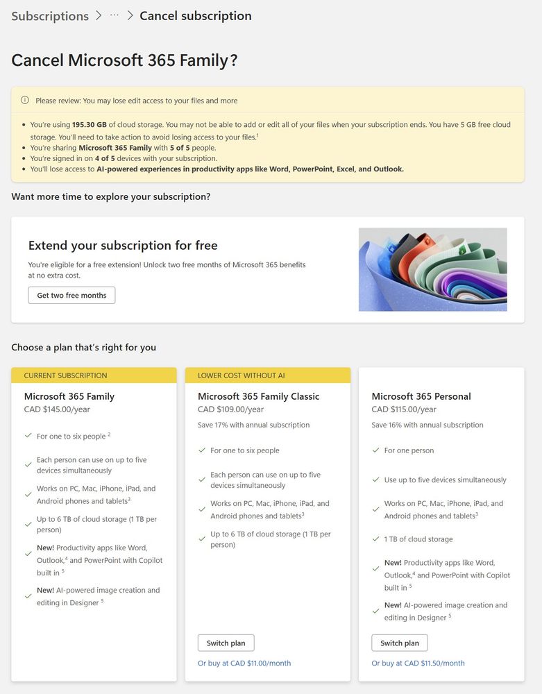 Cancel subscription screen of Microsoft 365 Family offers a Family Classic as being "Lower cost without AI", at last year's price of $109/year instead of $149/year with AI.