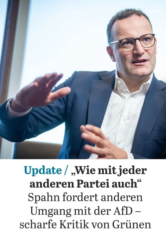 Zitat vom abgebildeten Jens Spahn, er fordert AfD-Behandlung wie mit jeder anderen Partei