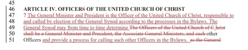 The General Minister and President is the Officer of the United Church of Christ, responsible and called by election of the General Synod according to the processes in the Bylaws. The General Synod may from time to time determine other Officers and provide a process for calling such other Officers in the Bylaws.