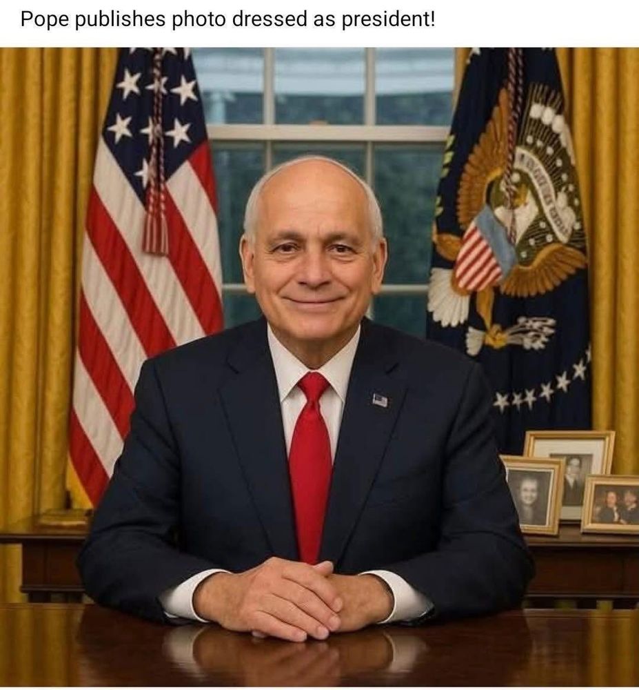 An AI image of Pope Leo XIV (Robert Francis Prevost) dressed in a navy blue suit, white collar shirt, and red tie, seated at the Resolute desk in the Oval Office.