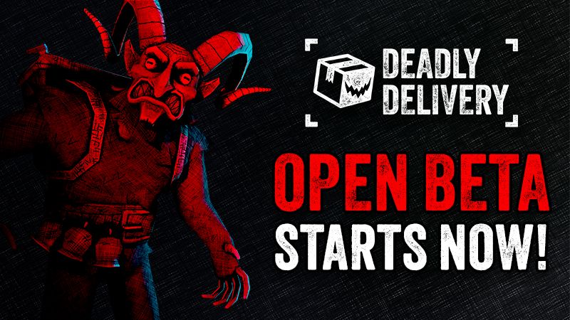 Marketing image from the game Deadly Delivery showing a logo for the game, a red, horned monster named Krampus, and the words "Open Beta Starts Now!"