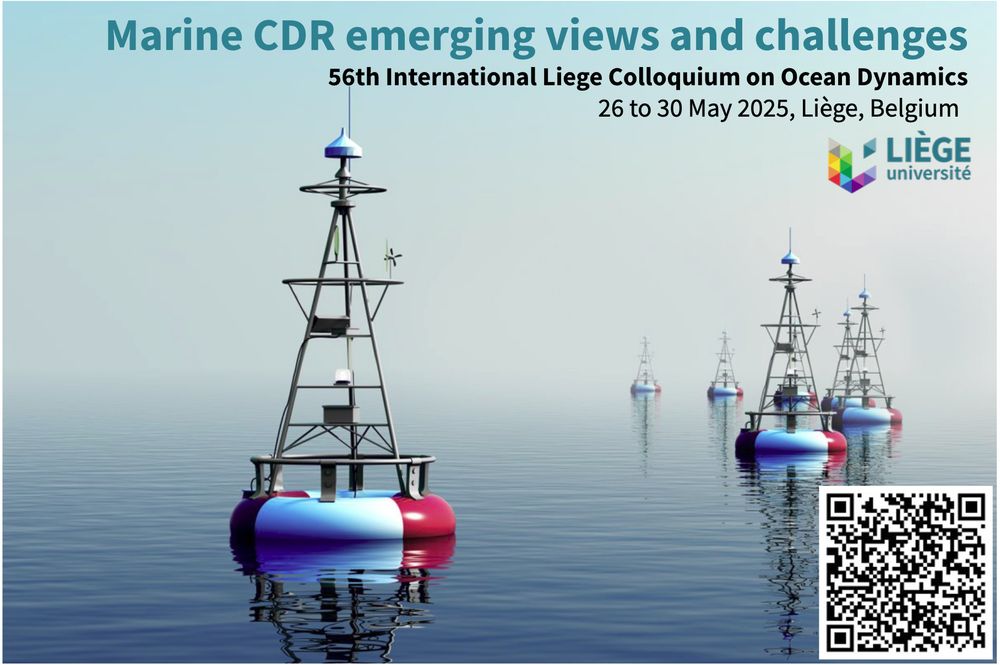 An image of the ocean with white and red buoys floating on it, each with a metallic tower and a QR code in the low right corner