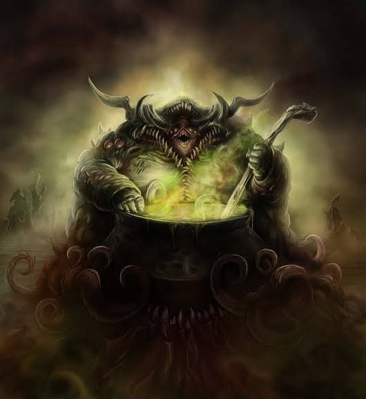 Chaos god Nurgle of the Warhammer universe stirring a pot of the most unimaginably nastiest shit.