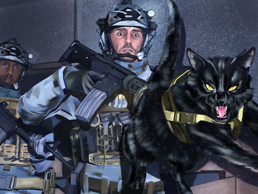 Kitty Ghost pouncing. Soap and Gaz in the background looking quite surprised.