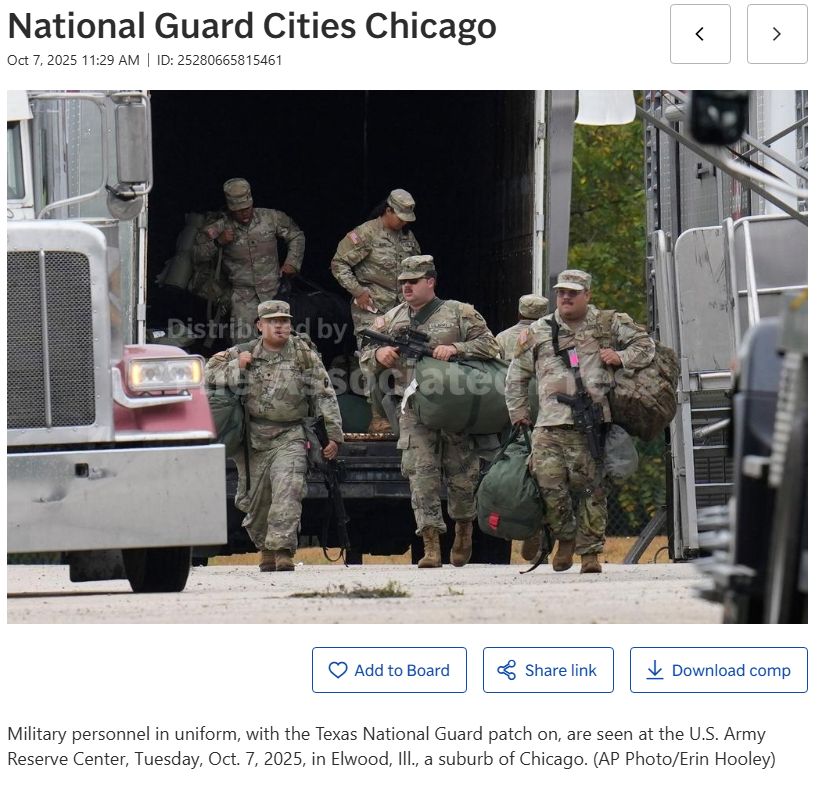 Military personnel in uniform, with the Texas National Guard patch on, are seen at the U.S. Army Reserve Center, Tuesday, Oct. 7, 2025, in Elwood, Ill., a suburb of Chicago. (AP Photo/Erin Hooley)