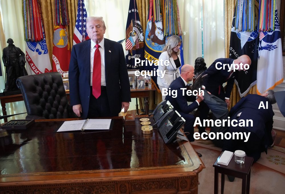 Donald Trump stands idly by while the American economy passes out in a corner.