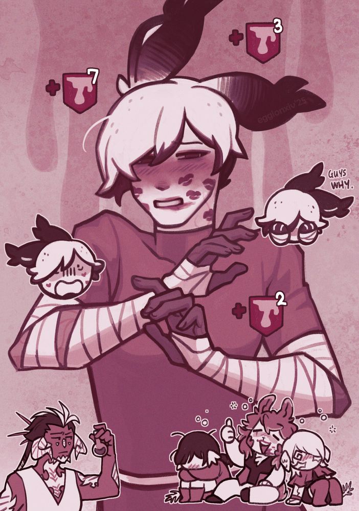 a waist up illustration of jorunna (sea bunny viera) holding his arms up in a defensive position as he blushes furiously. there are kiss marks all over his face and lipstick smeared on his lips. 

at the top of the page surrounding him are stacks of poison debuff. around the middle are two little jor heads showing signs of distress. at the bottom of the page are three of his crew-mates looking dizzied and poisoned. next to them is the crew's medic preparing a vial of anti poison. worth noting that in the middle of the pile is a viera giving a big thumbs up with lipstick smeared across his lips. 