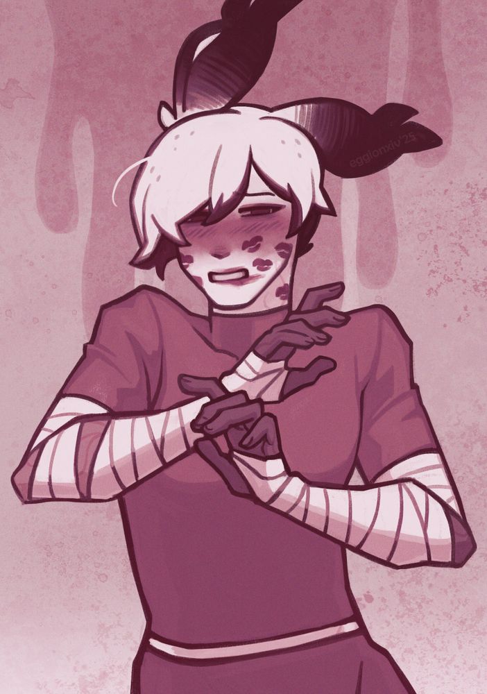 a waist up illustration of jorunna (sea bunny viera) holding his arms up in a defensive position as he blushes furiously. there are kiss marks all over his face and lipstick smeared on his lips. 

(same illus as prior but without the little doodles on top)