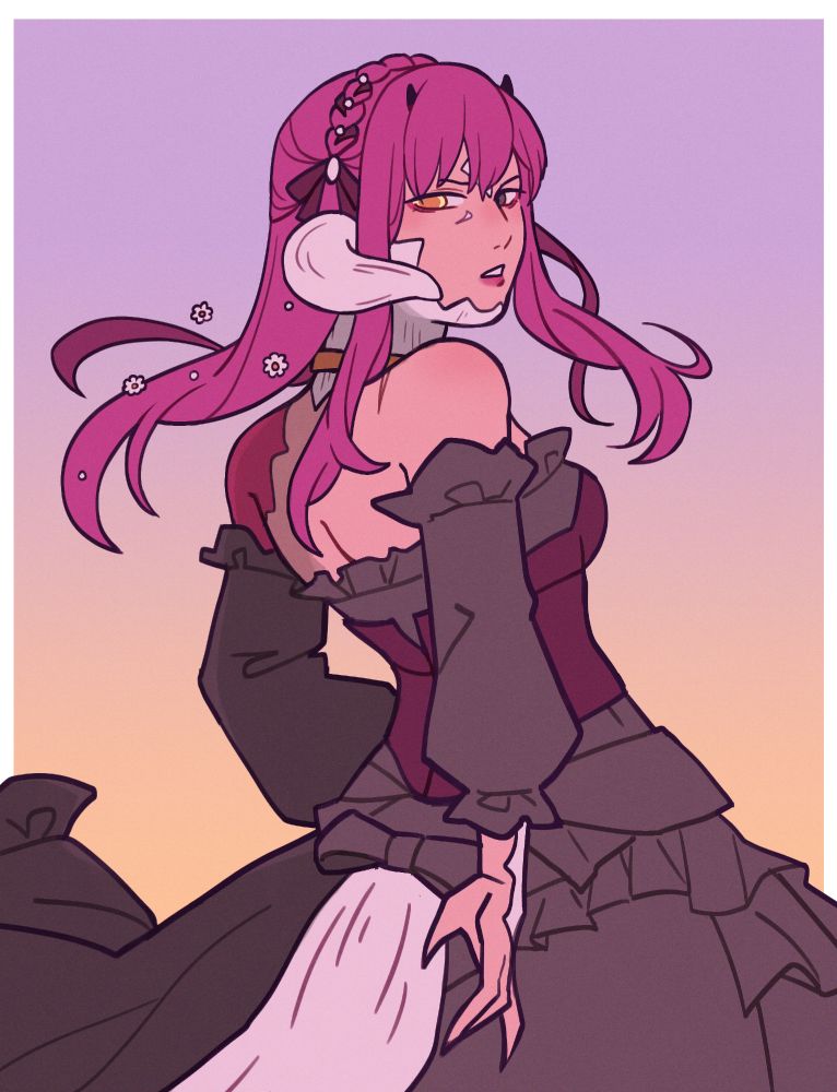 art of irime (purple haired fem au ra) looking over her shoulder at the viewer