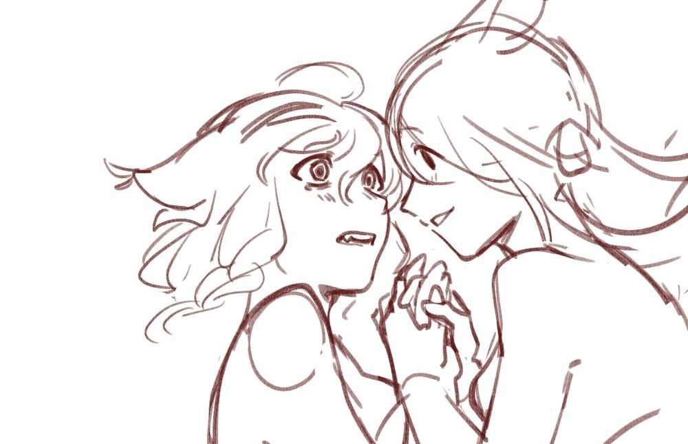 (two female miqo'te) wendy clasps onion's hands and smiles at her with a dark look in her eyes. onion looks back at her with a look of terror.