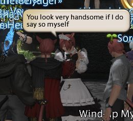 a scion g'raha tia pets a maid g'raha tia who stands next to casual wear g'raha tia. one of them says "You look very handsome if I do say so myself"