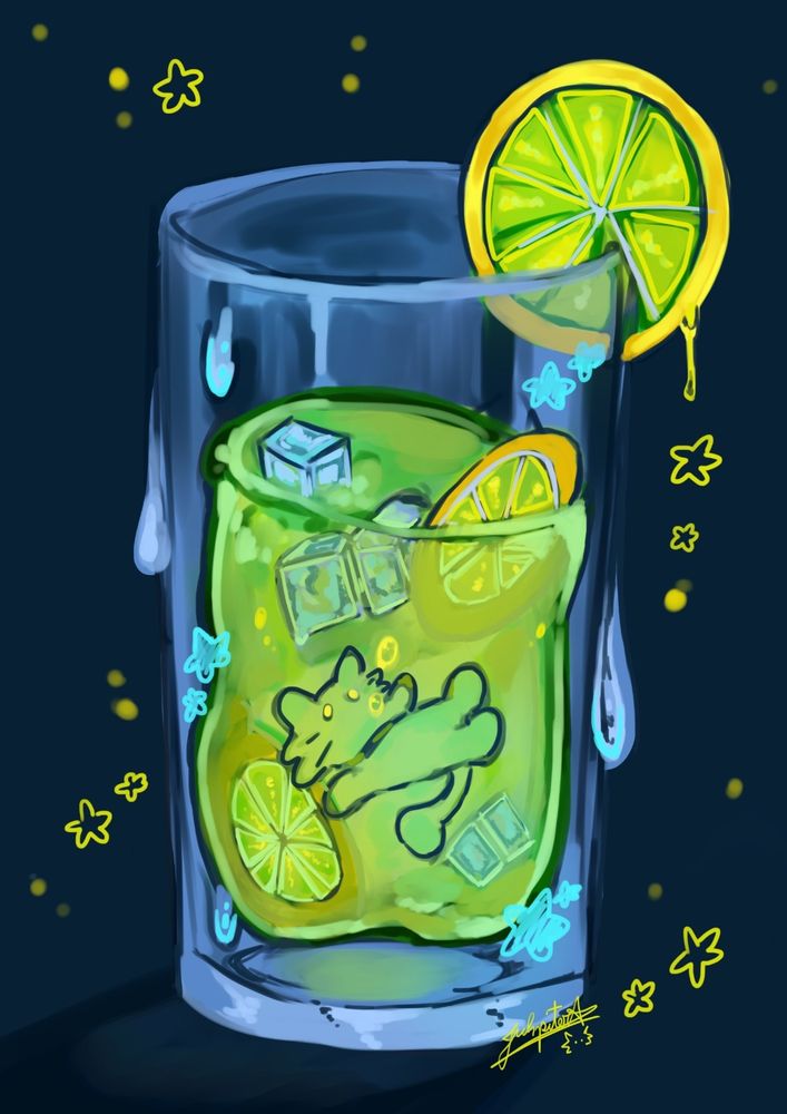 A drawing of my persona cat Jupi inside a glass of lemonade with ice cubes and slices of lemon, don't worry, Jupi is okay 