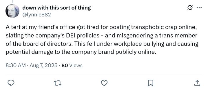 down with this sort of thing, @lynnie882, tweets:

A terf at my friend's office got fired for posting transphobic crap online, slating the company's DEI prolicies - and misgendering a trans member of the board of directors. This fell under workplace bullying and causing potential damage to the company brand publicly online.

7th August 2025

