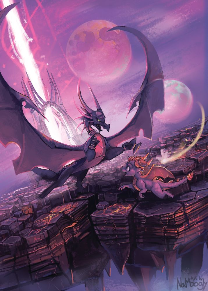 A large black dragon, Cynder from the Legend of Spyro: A New Beginning lunges at Spyro, a small purple dragon. In the background a sky filled with two moons and a tower like structure with a pink energy beam shooting out of it. The ground is cracked and crumbling. The scene depicts the final boss fight in the game, in Convexity.