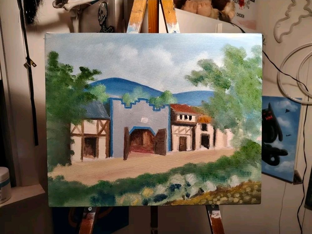A painting of a renfaire shoppe. It's not finished. 