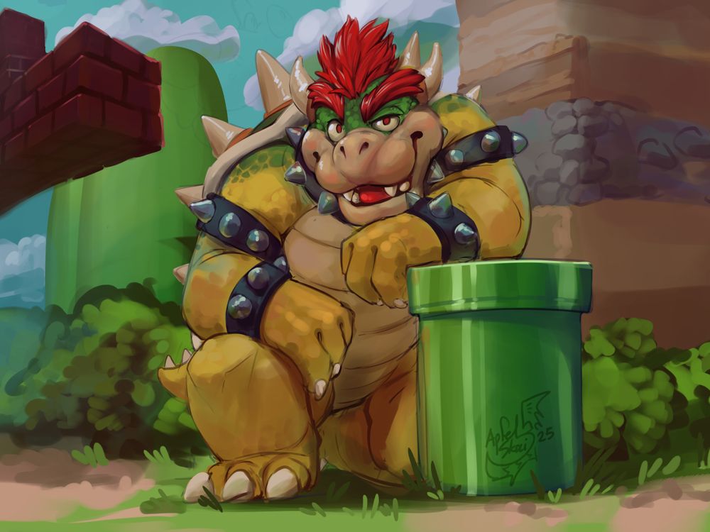 Bowser doing the dad kneel beside a warp pipe, giving you a devious grin, hi alt text reader enjoy your bowser day I really liked working on the brick blocks.