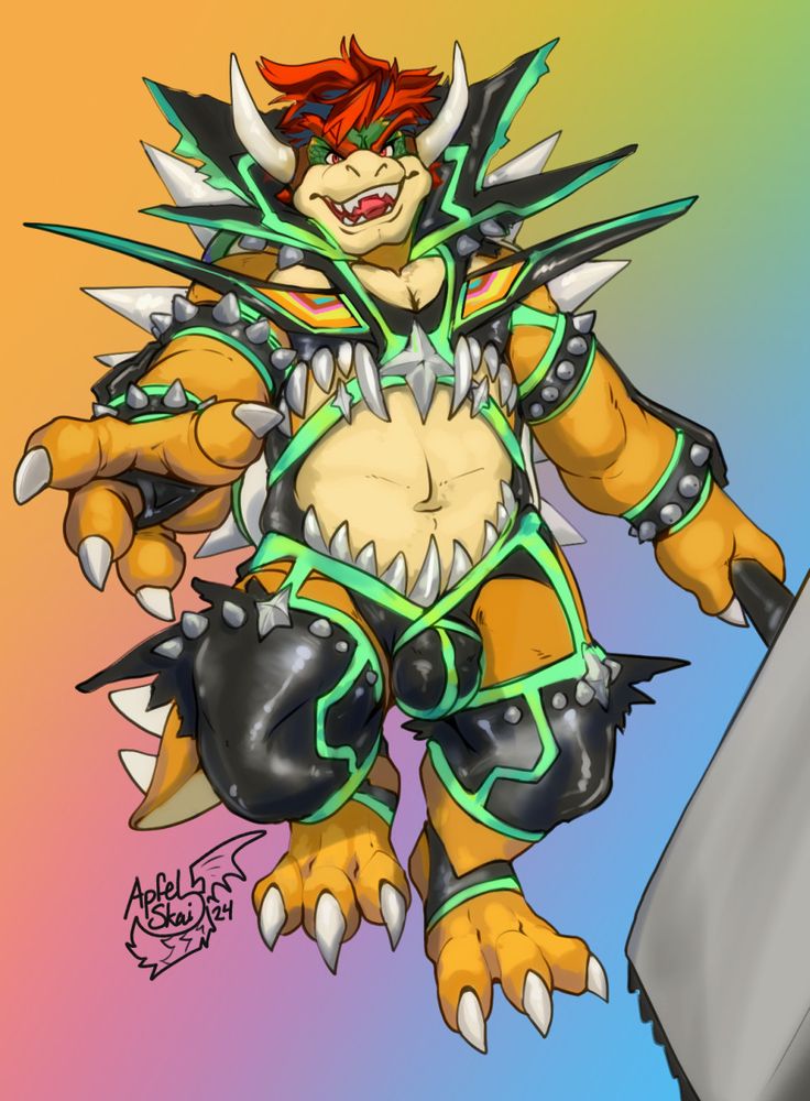 Bowser floating while dressed in a chain chomp styled Kamui with exposed midriff