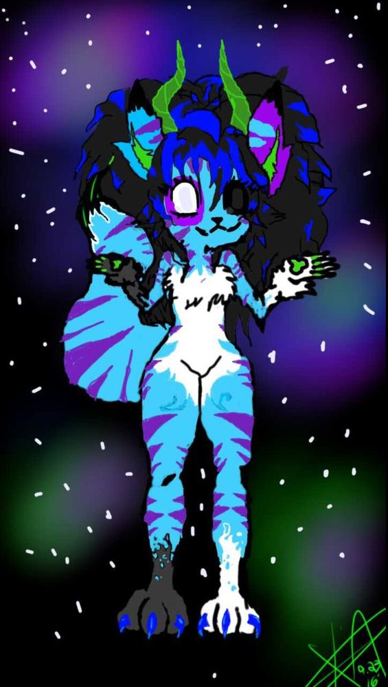 Mew (She/Her) Old version of Xola
A tiger lion hybrid furry with horns  standing in a galaxy background 