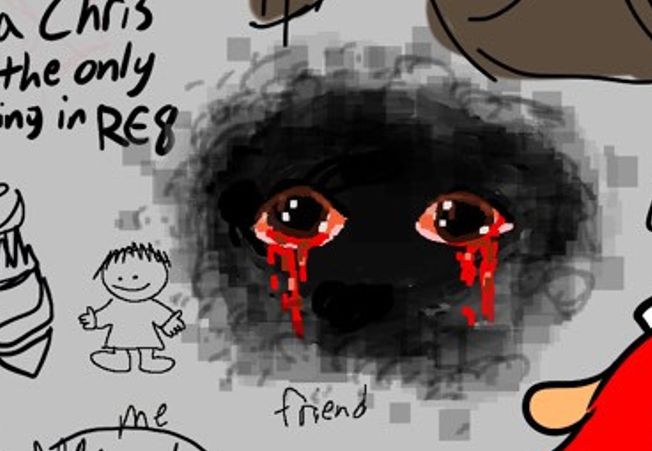 A void cloud with sad realistic eyes crying blood