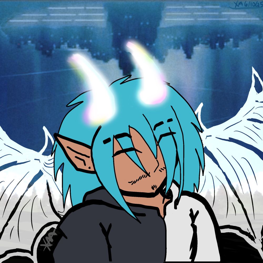 A demon version of me in a black and white hoodie with slightly opaque demon wings. 