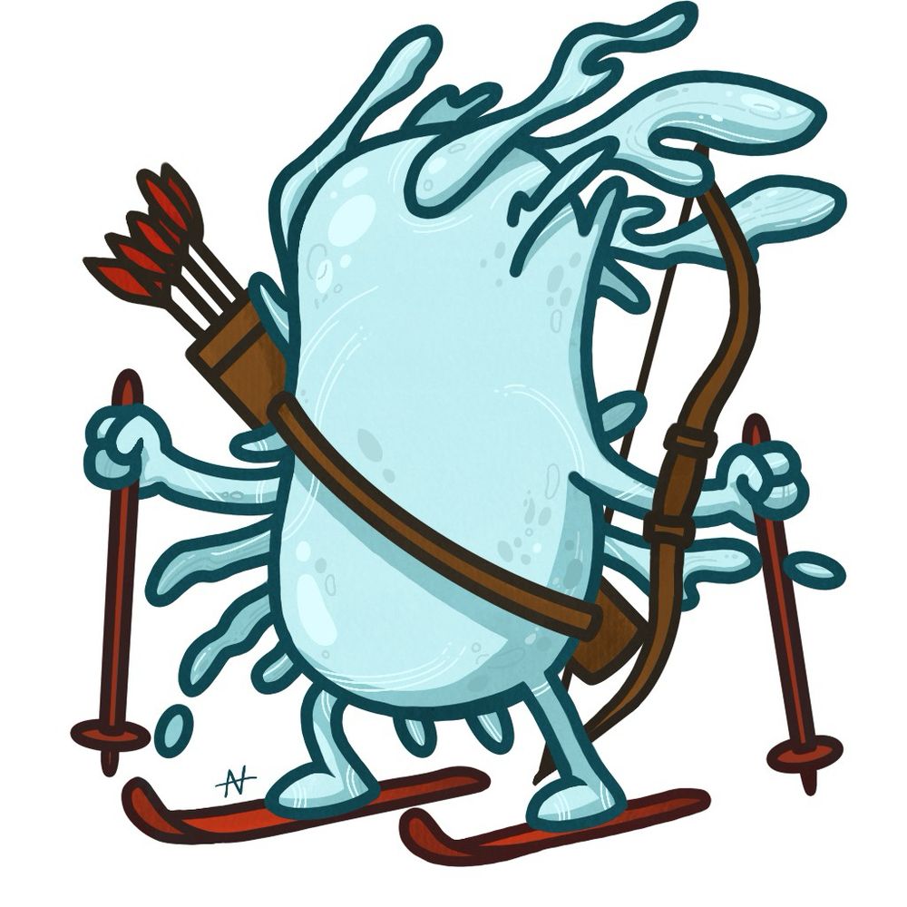 A cartoon depiction of the Asgard archaeon Skadiarchaeum sp., named after the Norse goddess of skiing and hunting, Skadi. 
