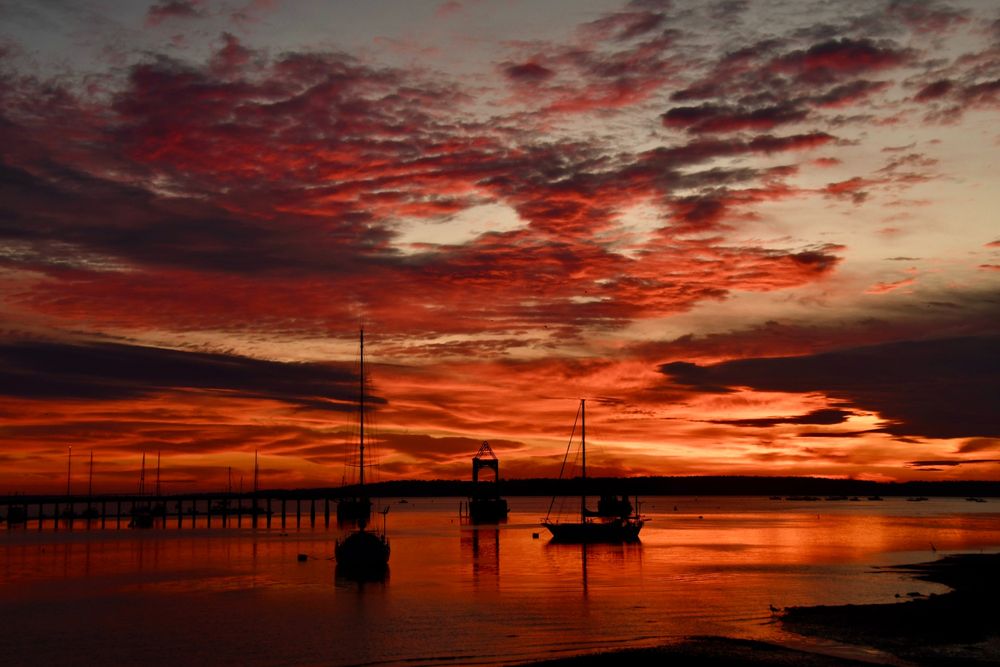 Sailboats and bridge at the mouth of back cove. Fire red sunrise. Portland, ME