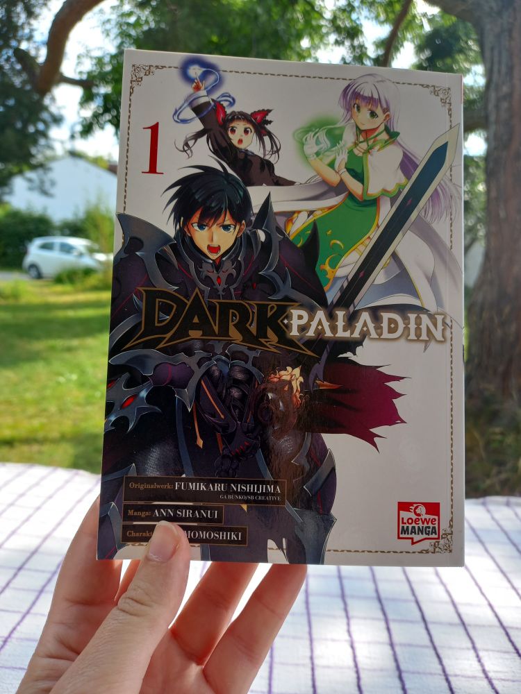 1st cover of the manga Dark Paladin showing the protagonist in a black armor yielding a sword and shouting, his sister doing some magic and the female protagonist clad in a white robe smiling.