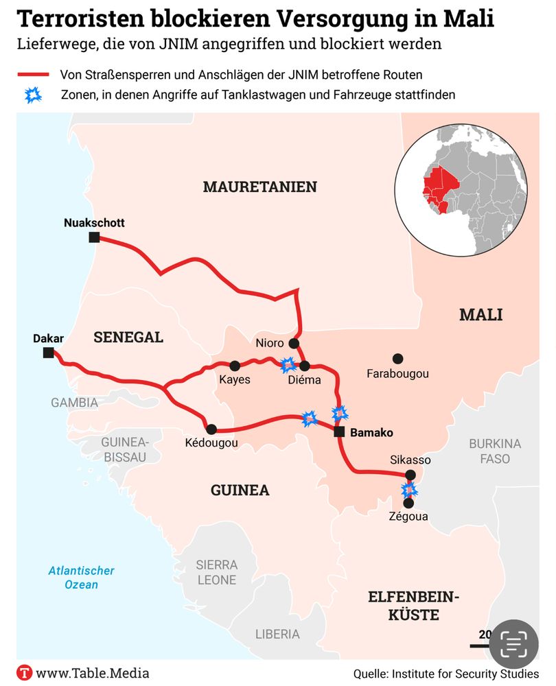 Karte der Region mit Versorgungsrouten nach Bamako.