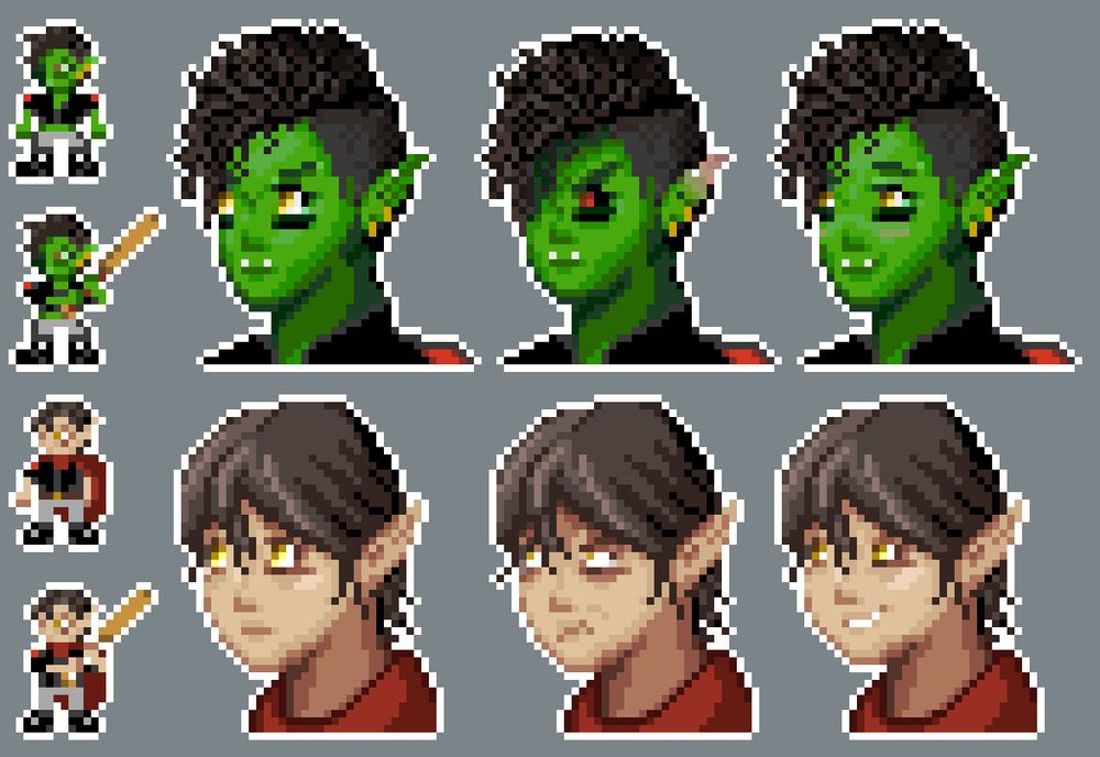 A sprite sheet showing a half-orc woman and an elven rogue, both portraits and overworld sprites. The overworld sprites are holding baseball bats.